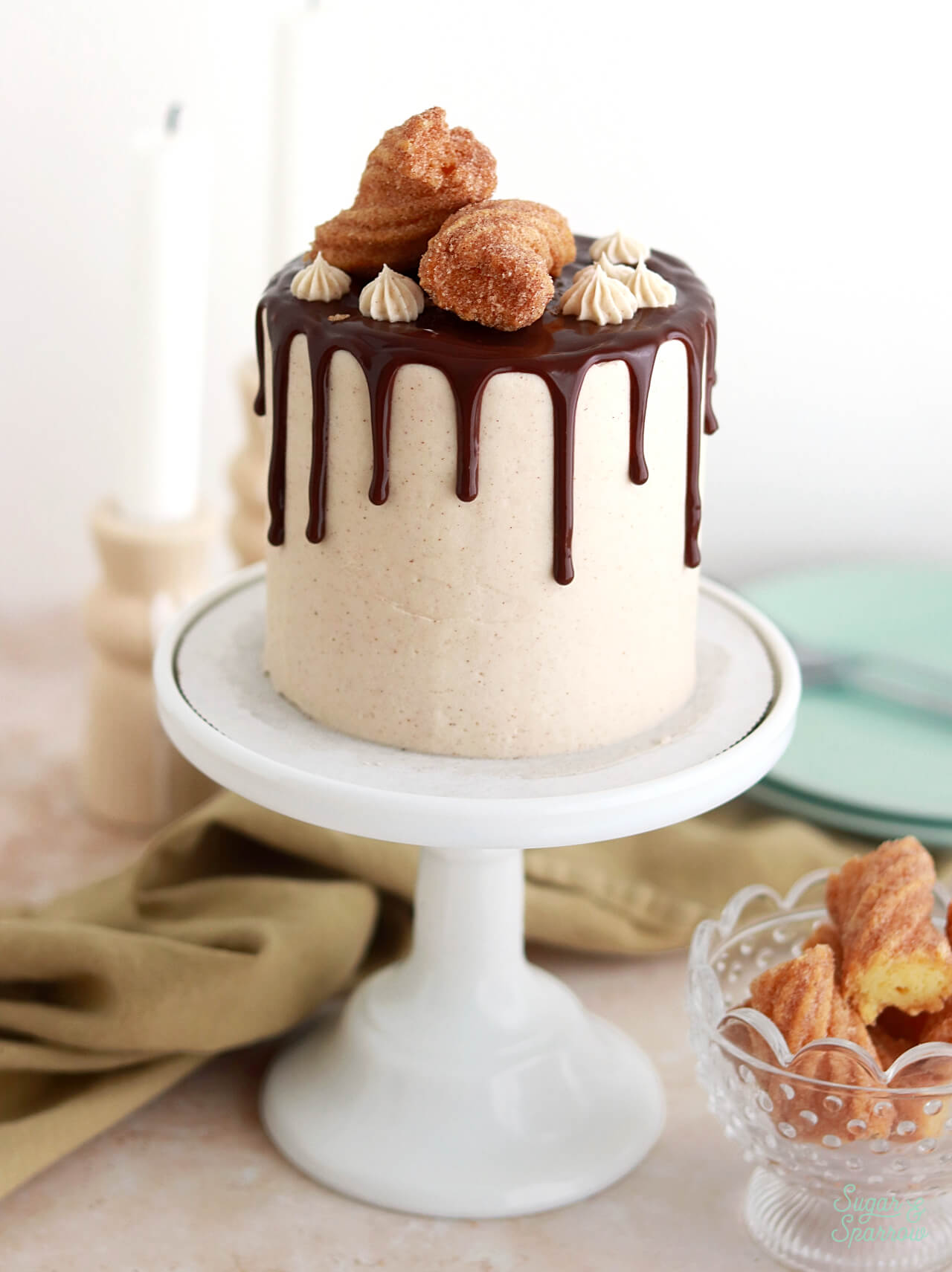 churro cake with cinnamon vanilla buttercream and mexican chocolate ganache