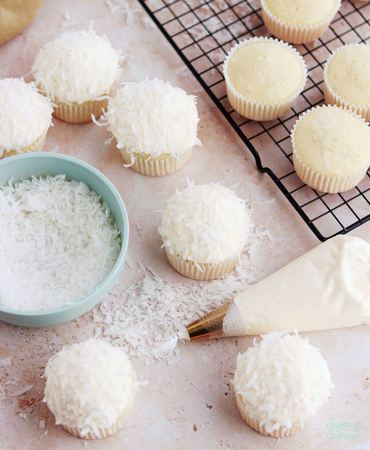 coconut cupcakes by sugar and sparrow