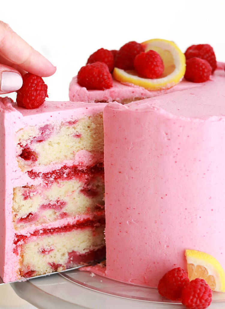 lemon raspberry layer cake with raspberry filling and lemon raspberry frosting