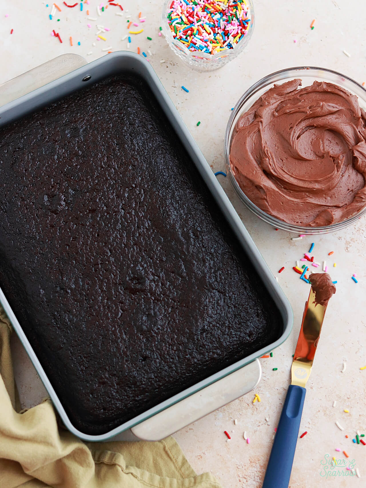 easy chocolate sheet cake recipe by sugar and sparrow