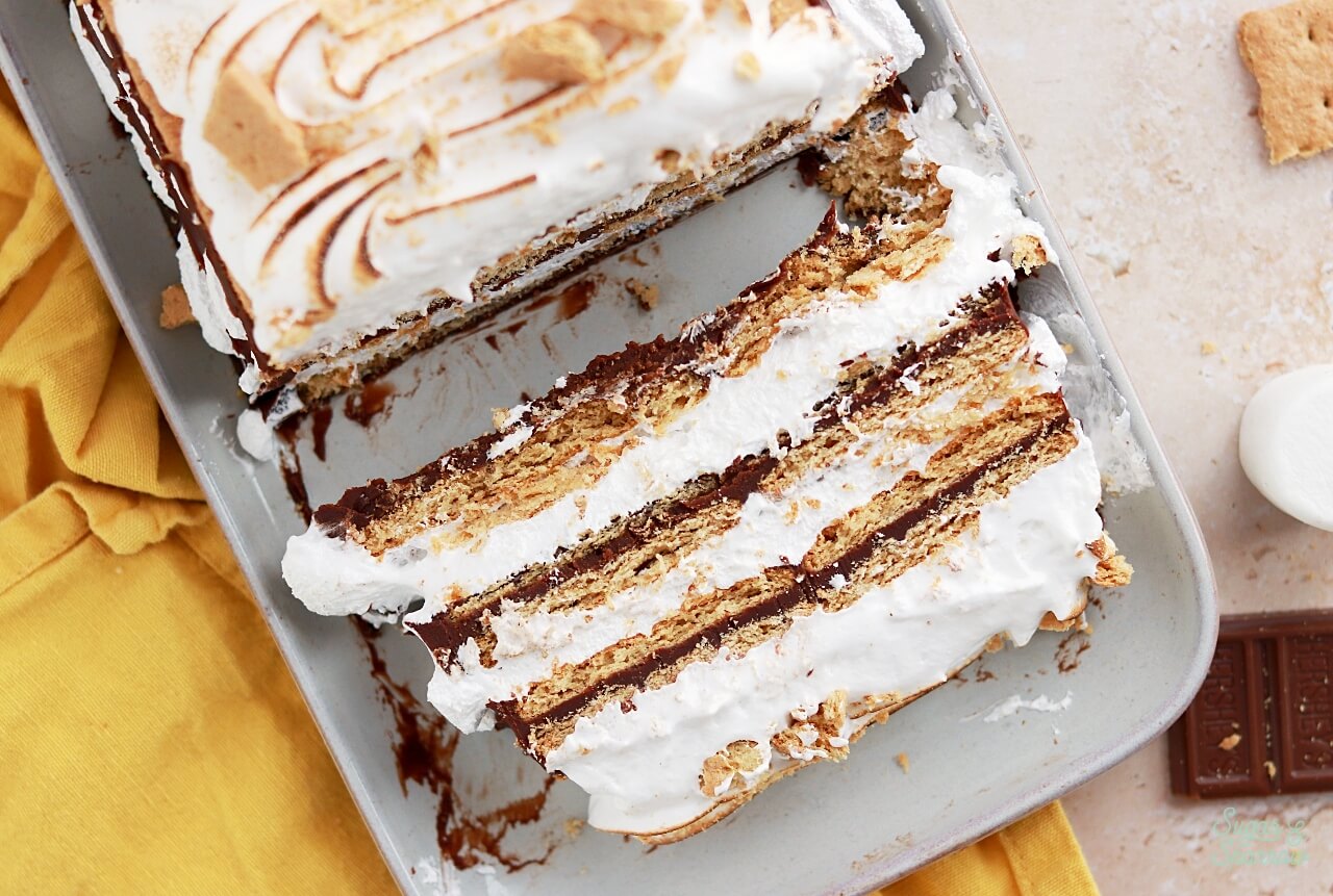 smores icebox cake with graham crackers chocolate ganache marshmallow