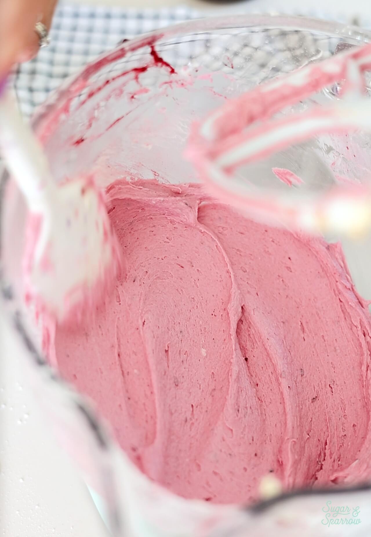 blackberry buttercream in mixing bowl