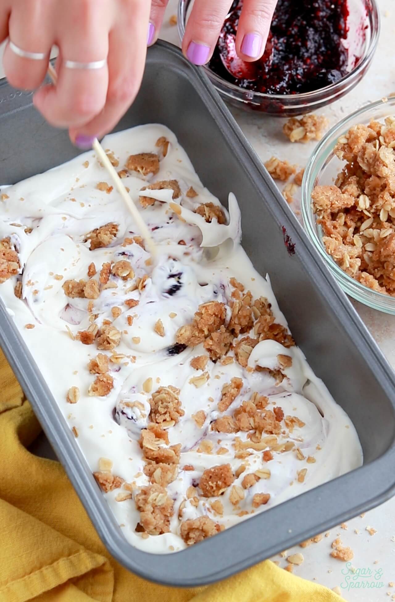 swirling toppings into no churn ice cream