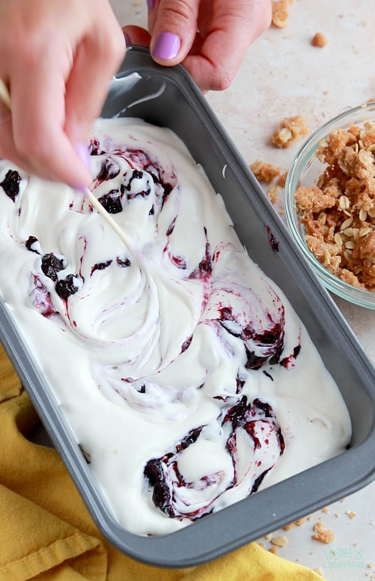 swirling berries into no churn ice cream recipe