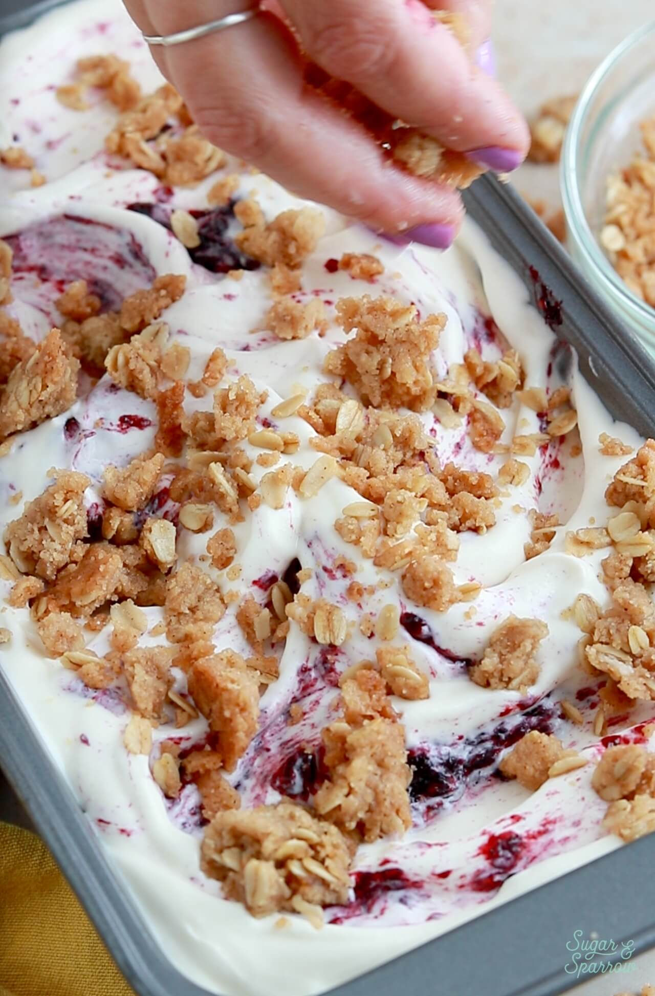 adding oat streusel to no churn ice cream
