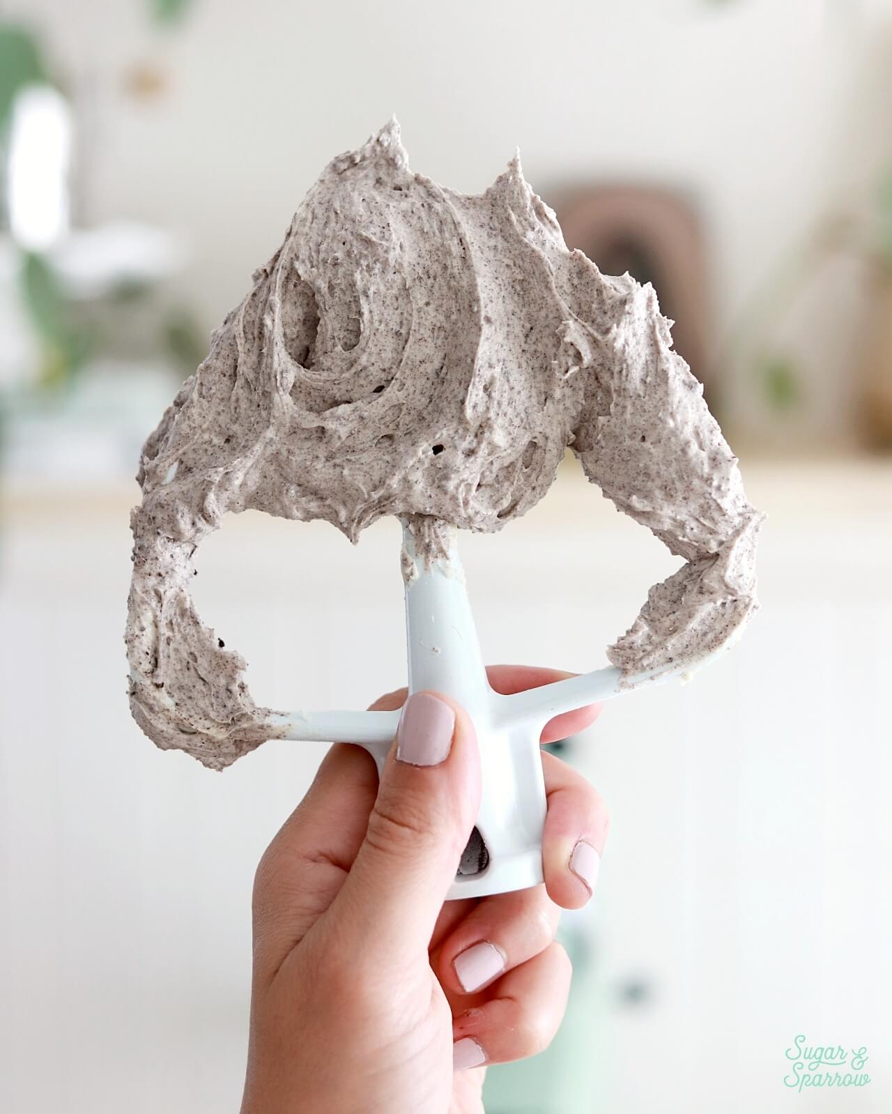 oreo cookie frosting on a stand mixer paddle