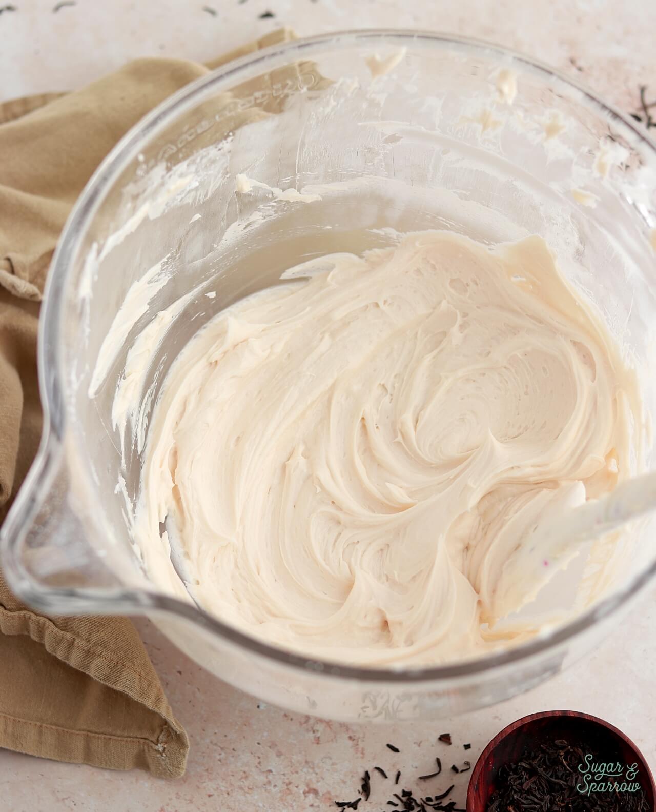 earl grey buttercream in kitchenaid mixing bowl