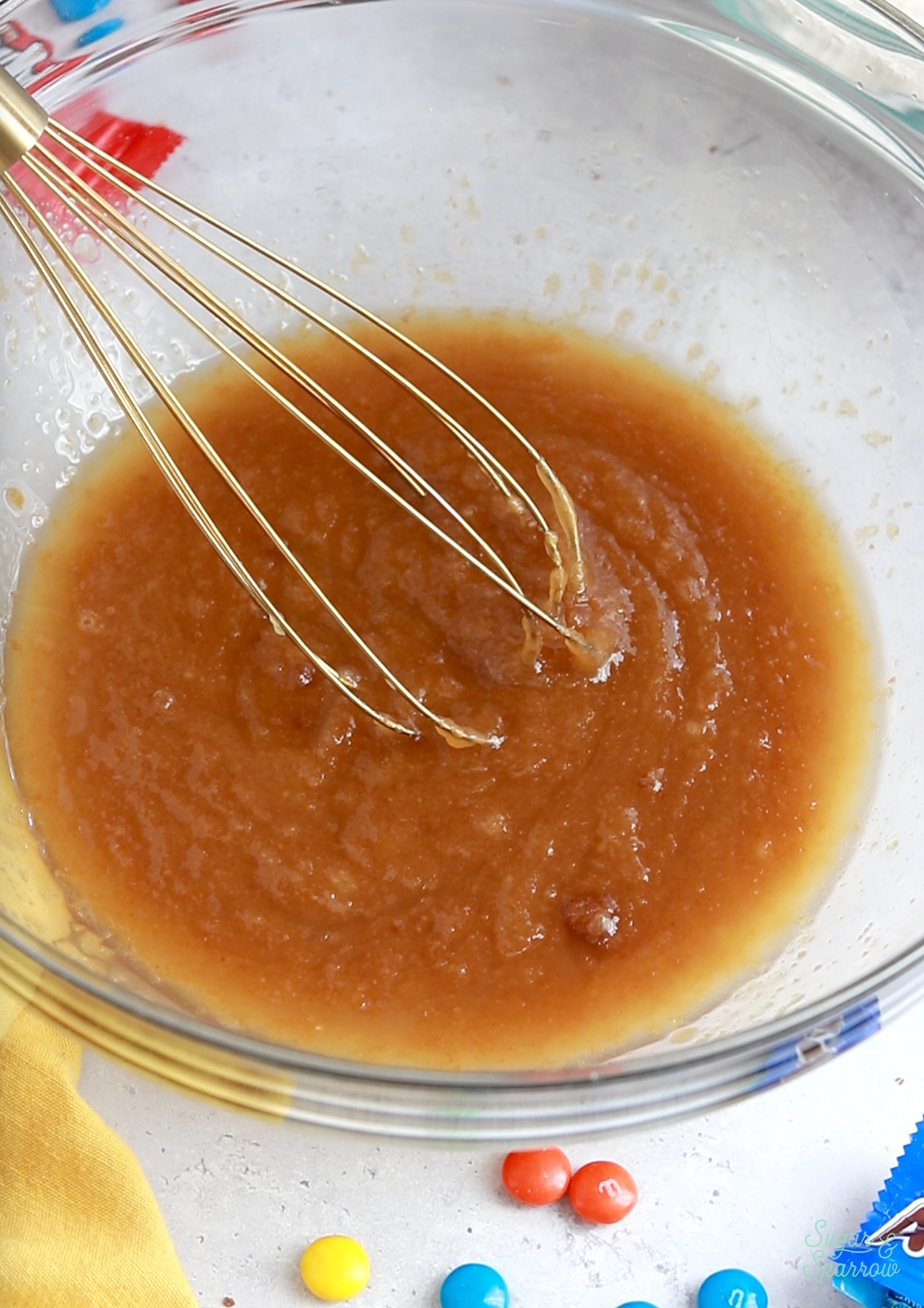 mix together the melted butter and sugar