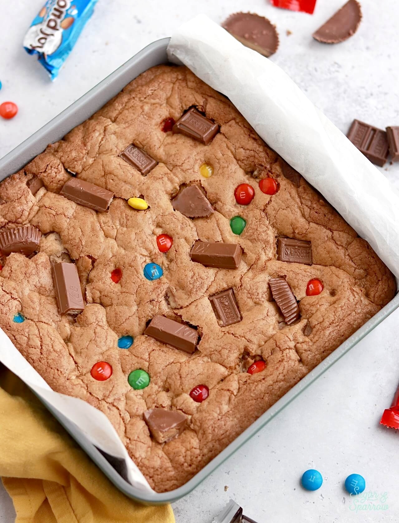 cookie bars baked in a 9x9 inch pan