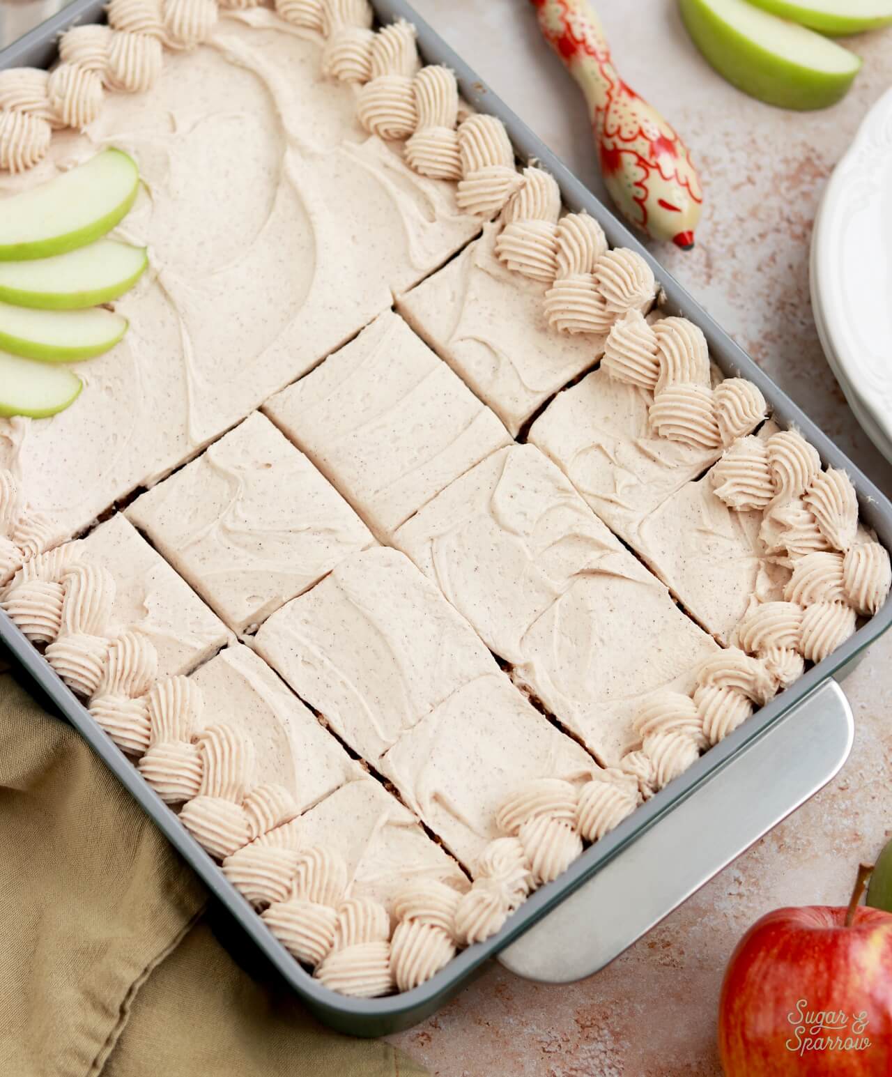 sliced sheet cake in a 9x13 pan