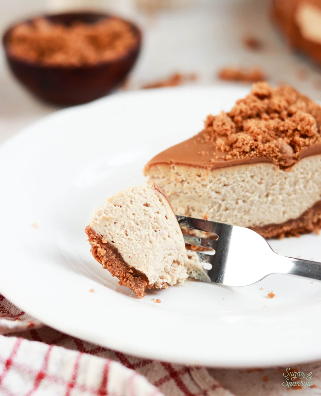 no-bake biscoff cookie cheesecake slice on a plate