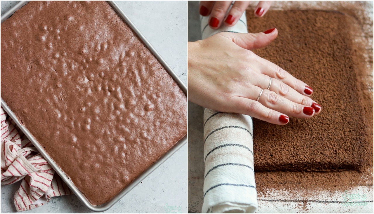 rolling up a chocolate swiss roll cake while hot