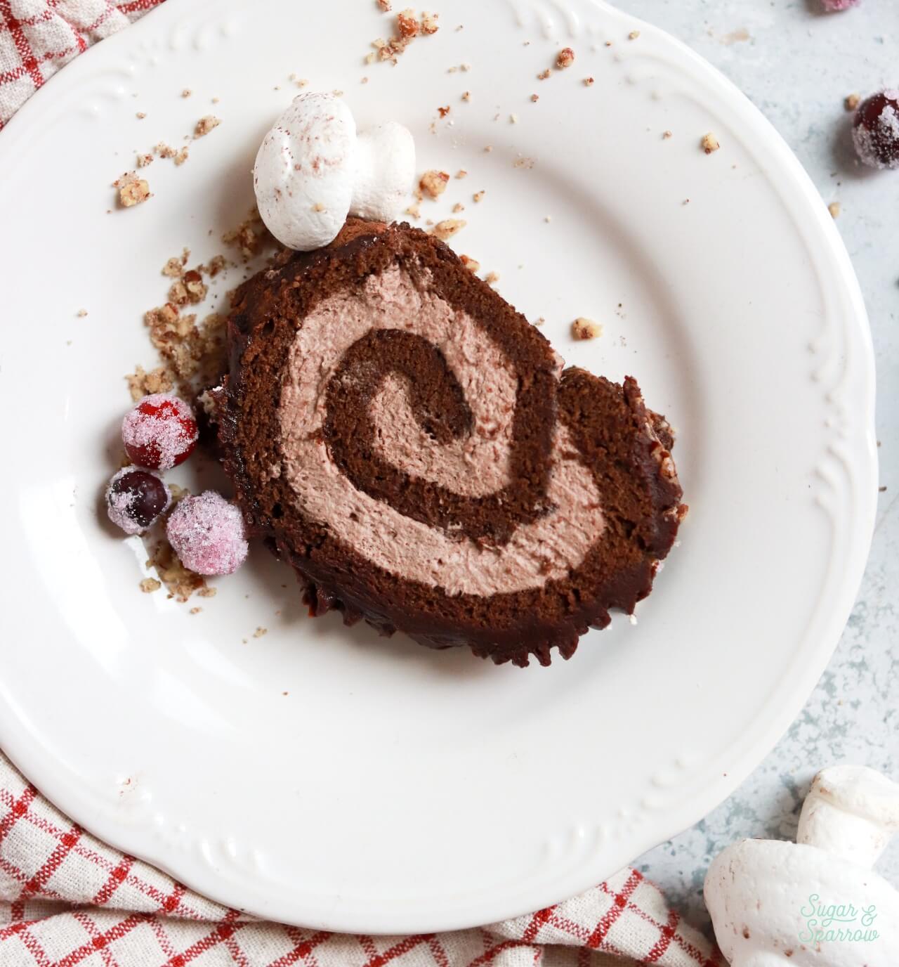 chocolate swiss roll cake with chocolate whipped cream filling
