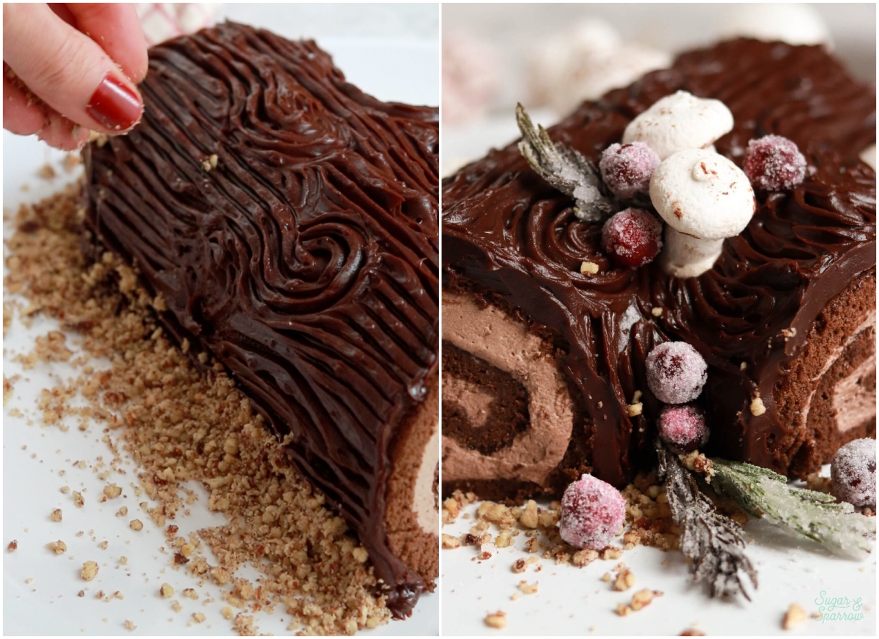 how to decorate a yule log cake with meringue mushrooms and sugared cranberries