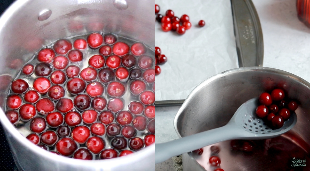 coating cranberries in simple syrup to make sugared cranberries