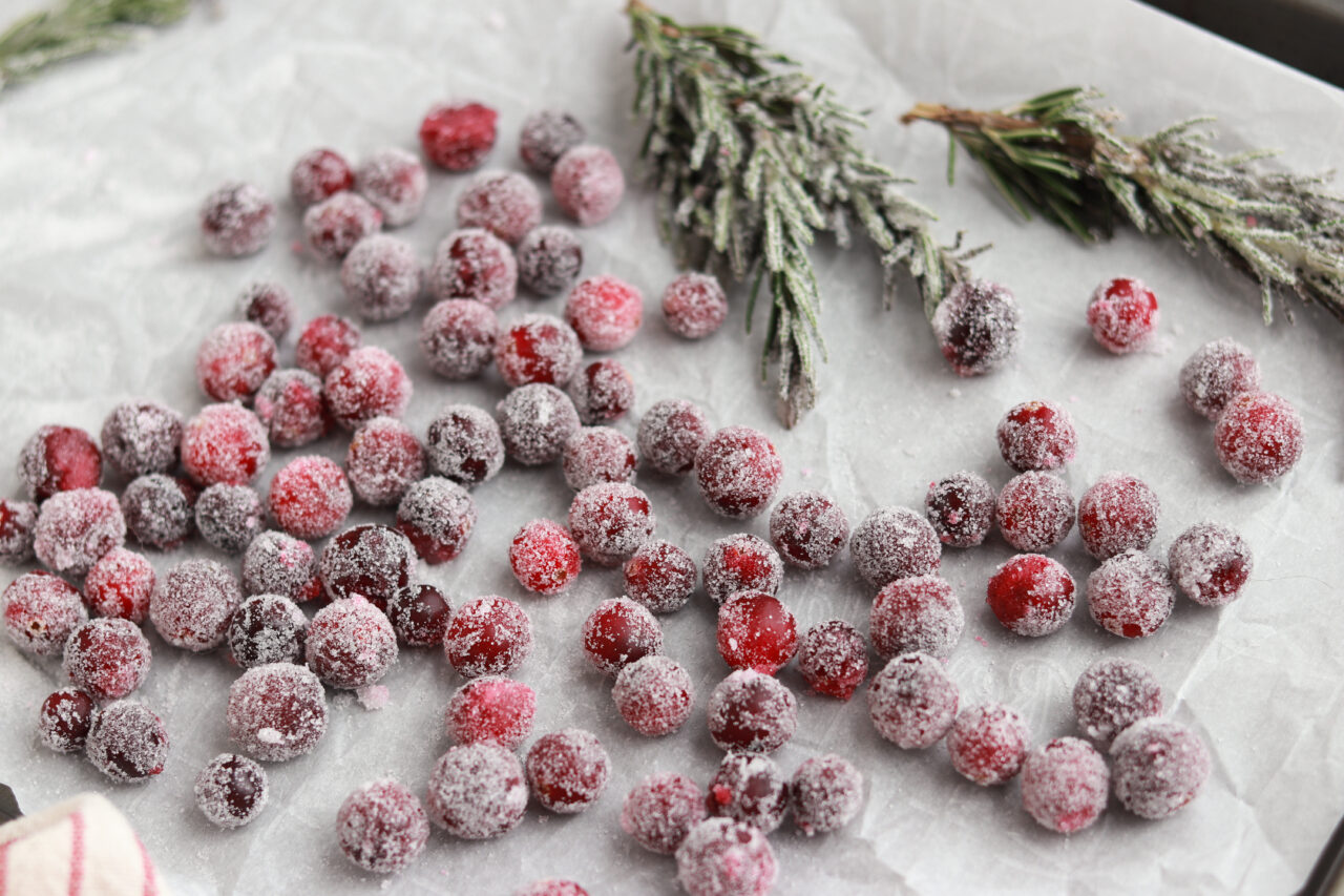 sugared cranberries on a parchment paper lined sheet