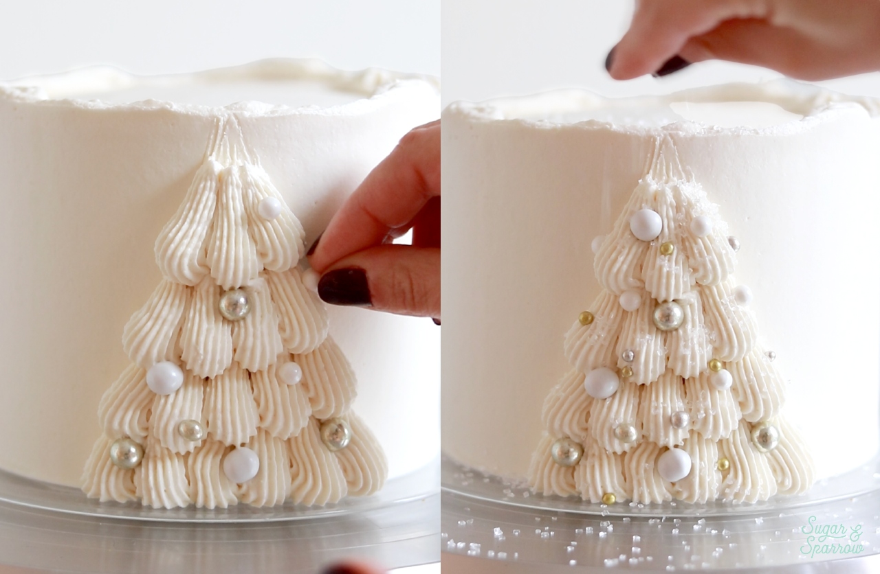 Adding sprinkles onto buttercream christmas cake
