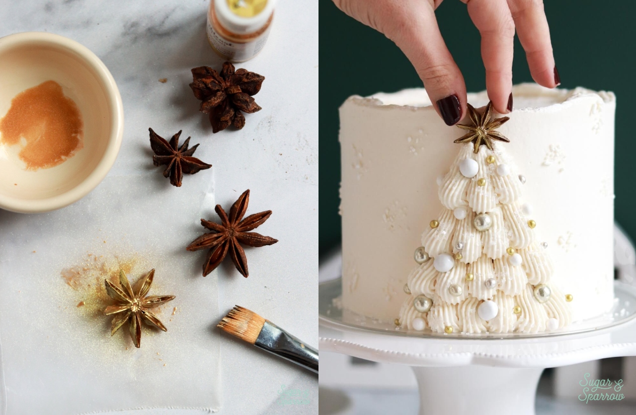 adding anise star onto christmas tree cake