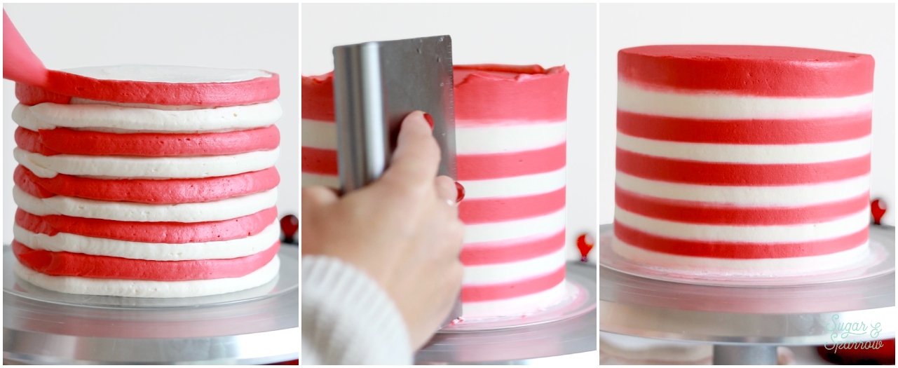 frosting a red and white striped buttercream cake