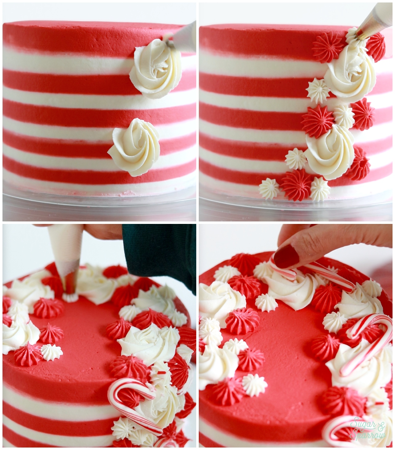 decorating a candy cane cake