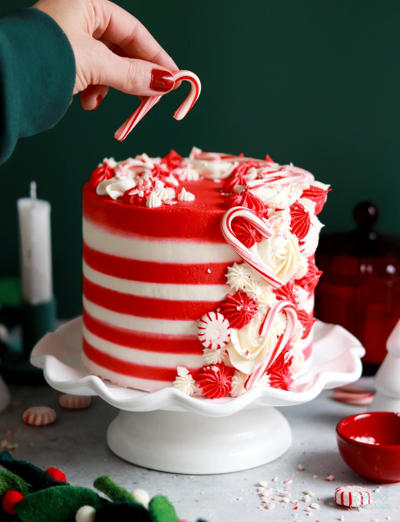 candy cane cake with red and white stripes