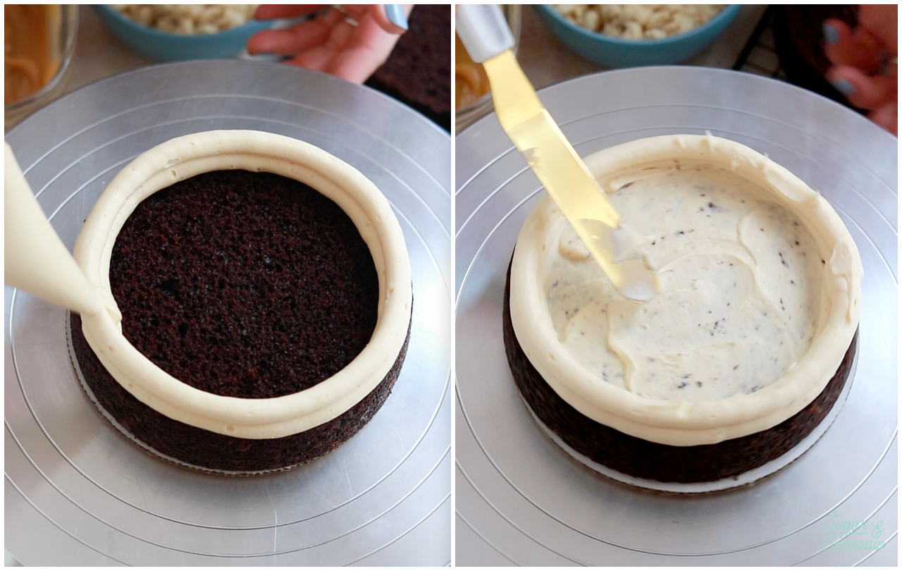 Adding a buttercream dam to a cake