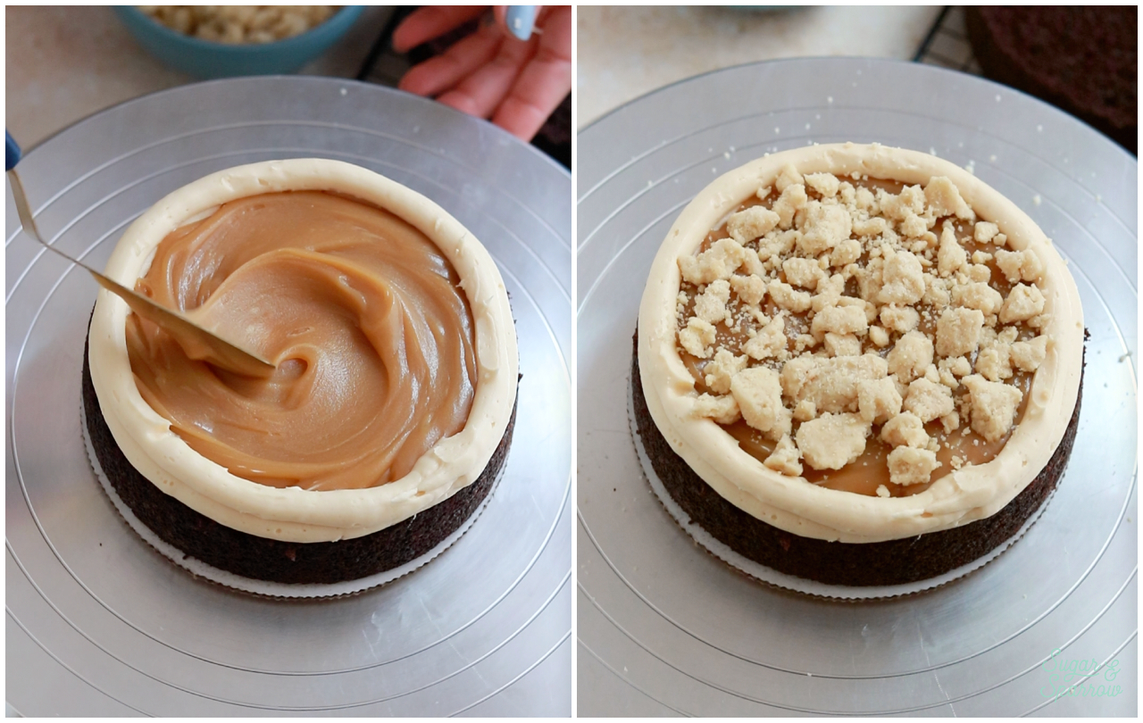 Filling a cake with thick caramel and shortbread crumbles