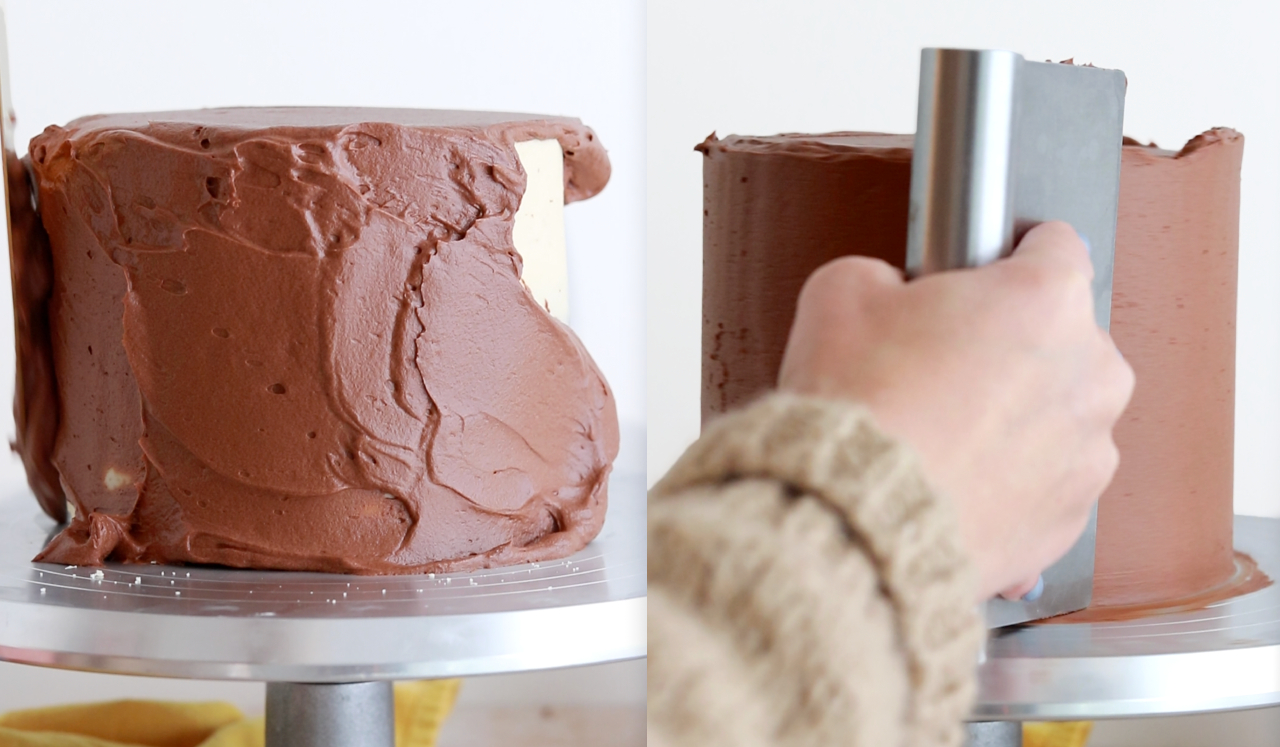 frosting a cake with chocolate ganache