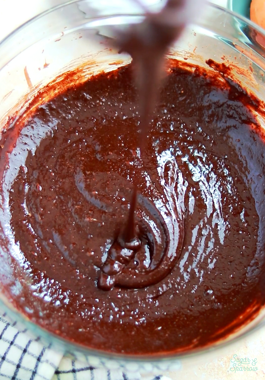 flourless chocolate cake batter in mixing bowl