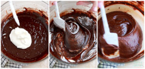 Folding whipped cream into flourless chocolate cake batter