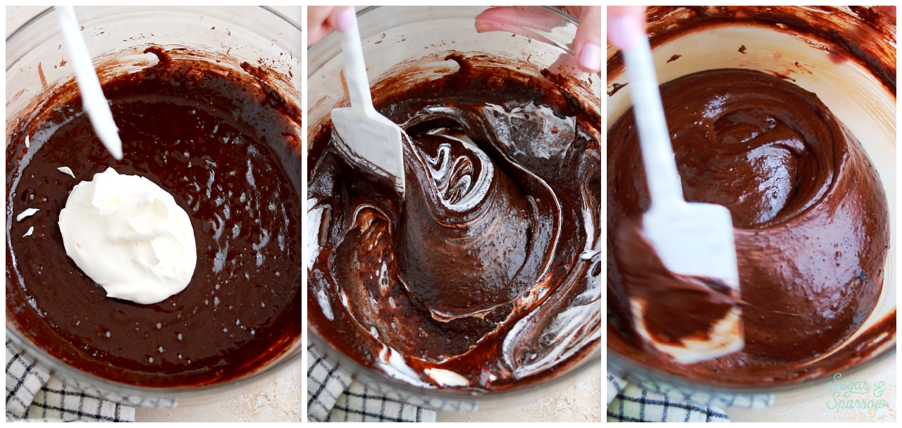 Folding whipped cream into flourless chocolate cake batter