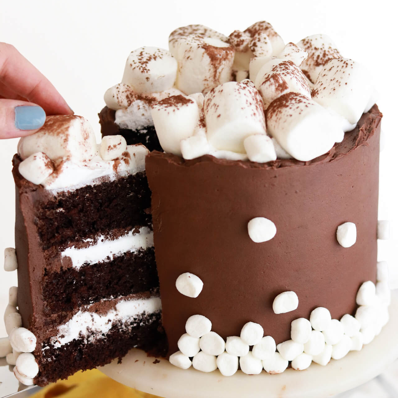 hot cocoa cake with homemade marshmallow creme filling