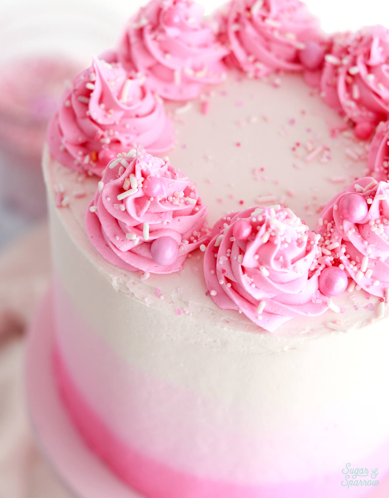 pink ombre buttercream cake with pink sprinkles
