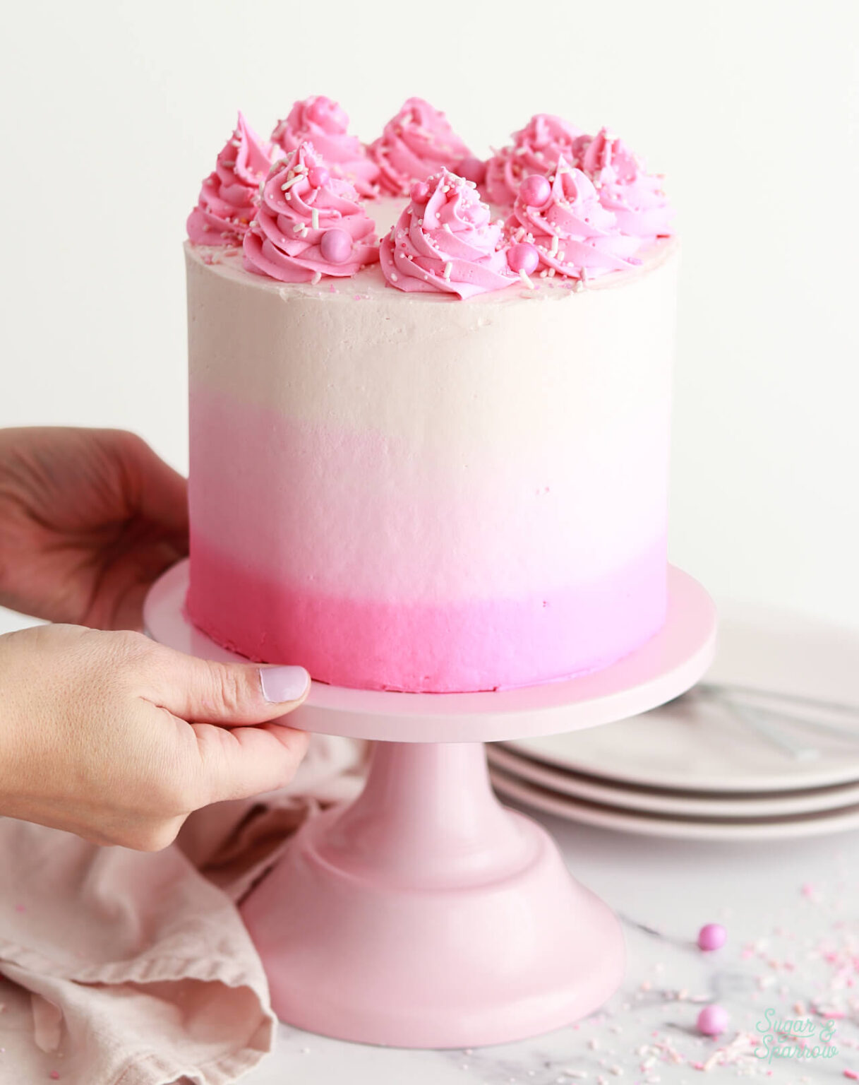 Pink Ombre Cake Recipe Decorating Tutorial Sugar Sparrow pink-ombre-cake-recipe-decorating-tutorial-sugar-sparrow