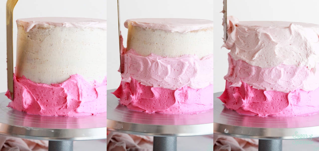 applying buttercream to cake for pink ombre cake finish