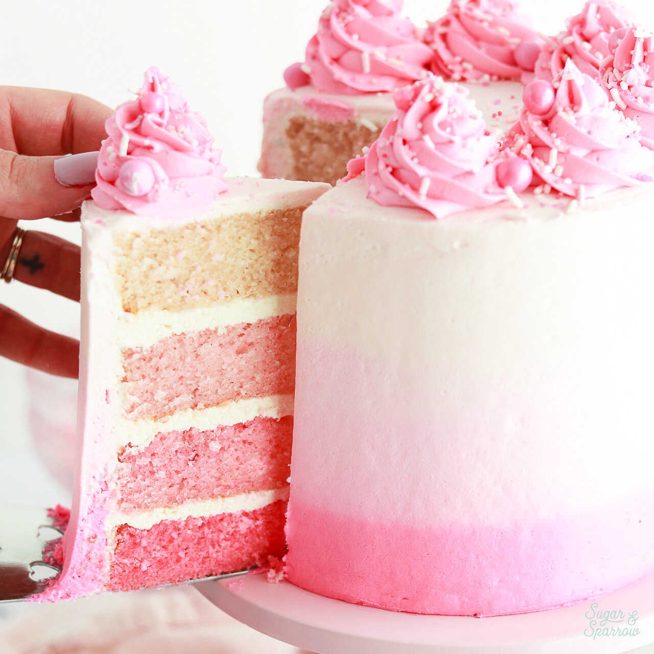 pink ombre layer cake recipe with pink ombre buttercream tutorial