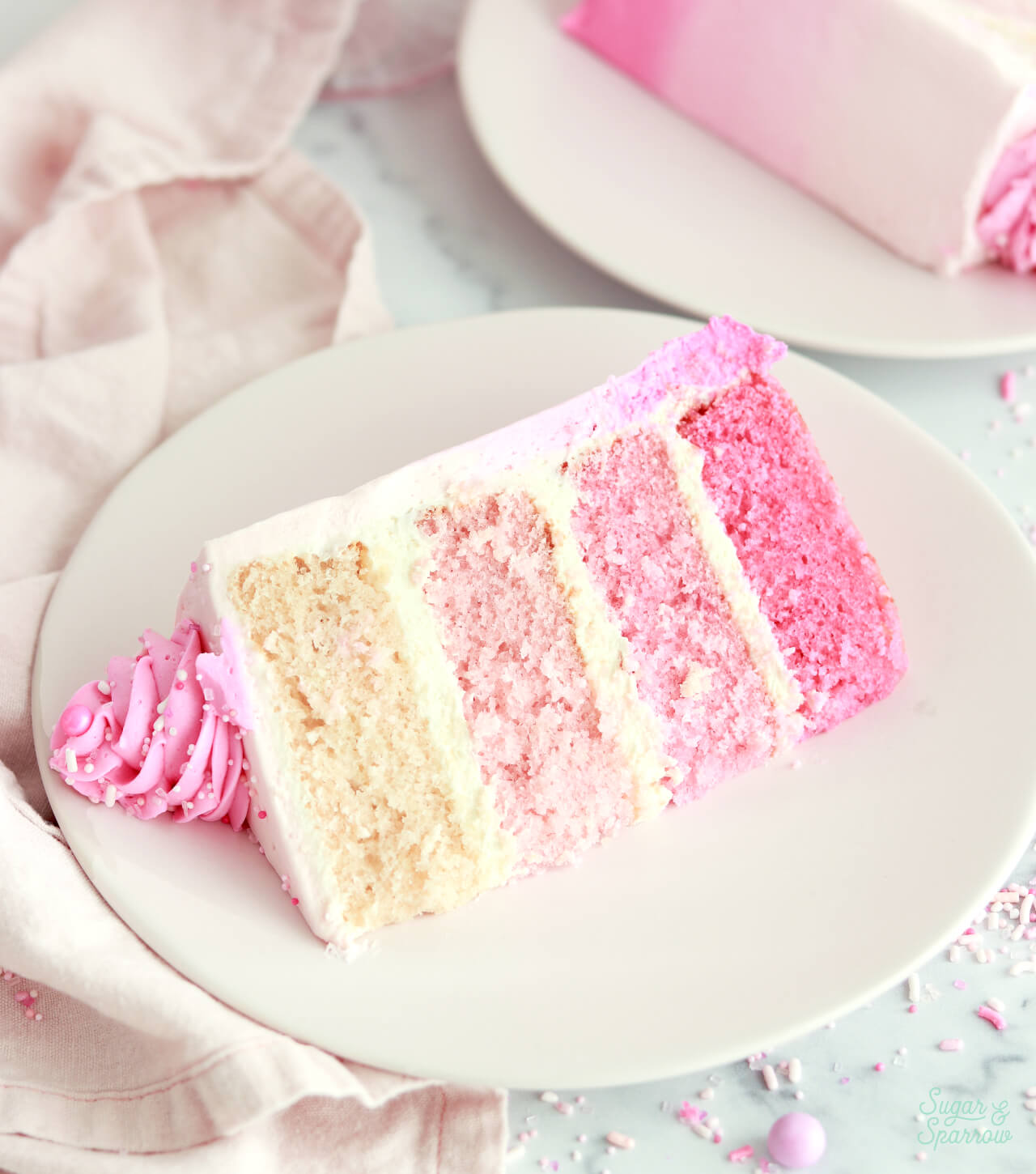 pink ombre cake slice on a pink plate