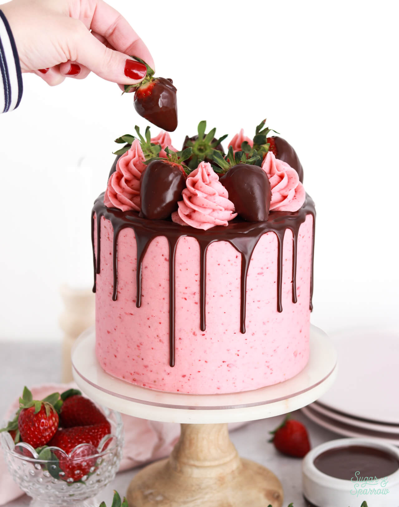 chocolate covered strawberry cake by sugar and sparrow