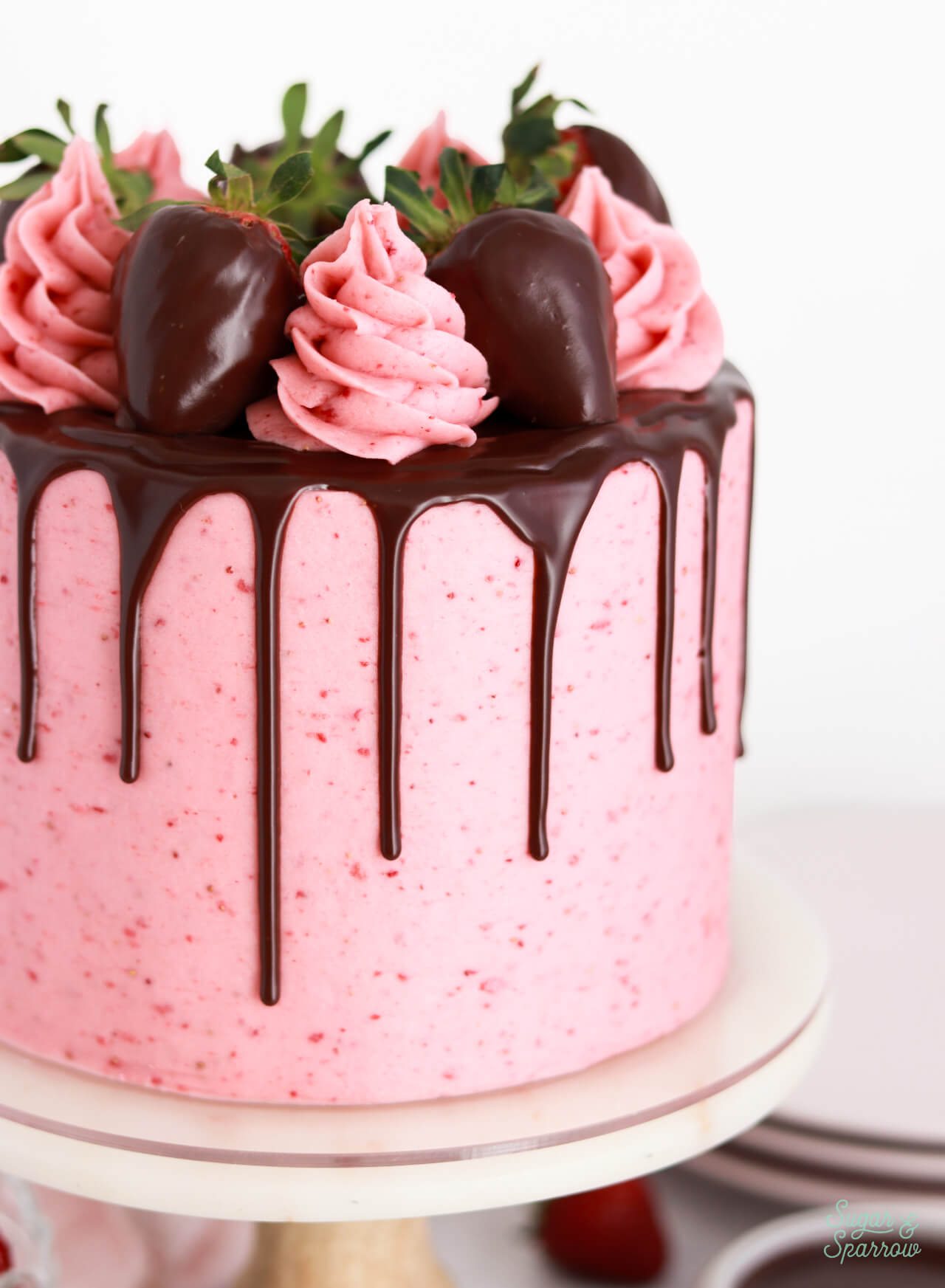 chocolate strawberry cake with chocolate covered strawberries on top