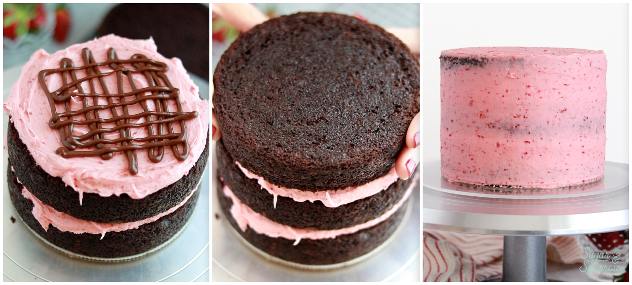 filling and stacking a layer cake with buttercream and chocolate ganache