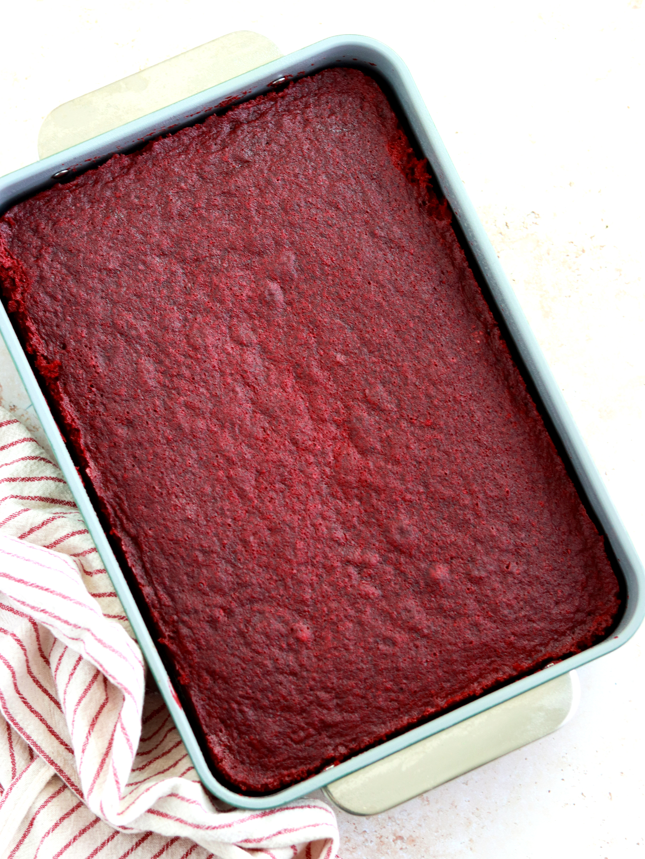 red velvet cake baked in 9x13 pan