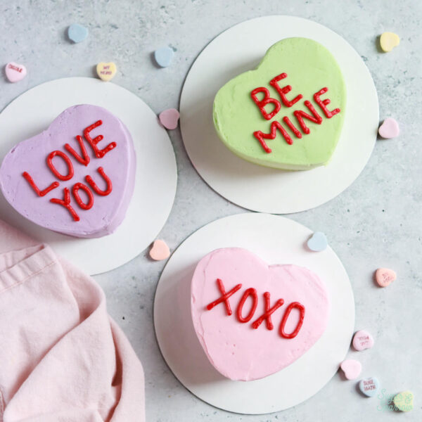 conversation heart cakes by sugar and sparrow