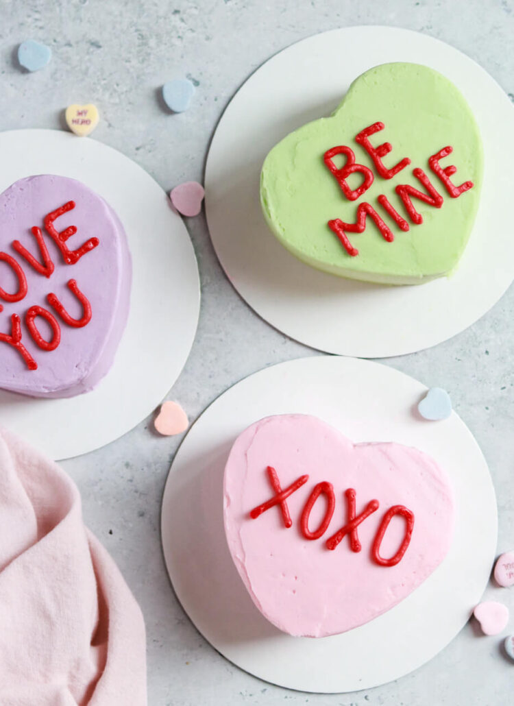 conversation heart cakes by sugar and sparrow