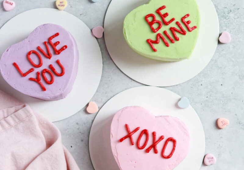 conversation heart cakes by sugar and sparrow