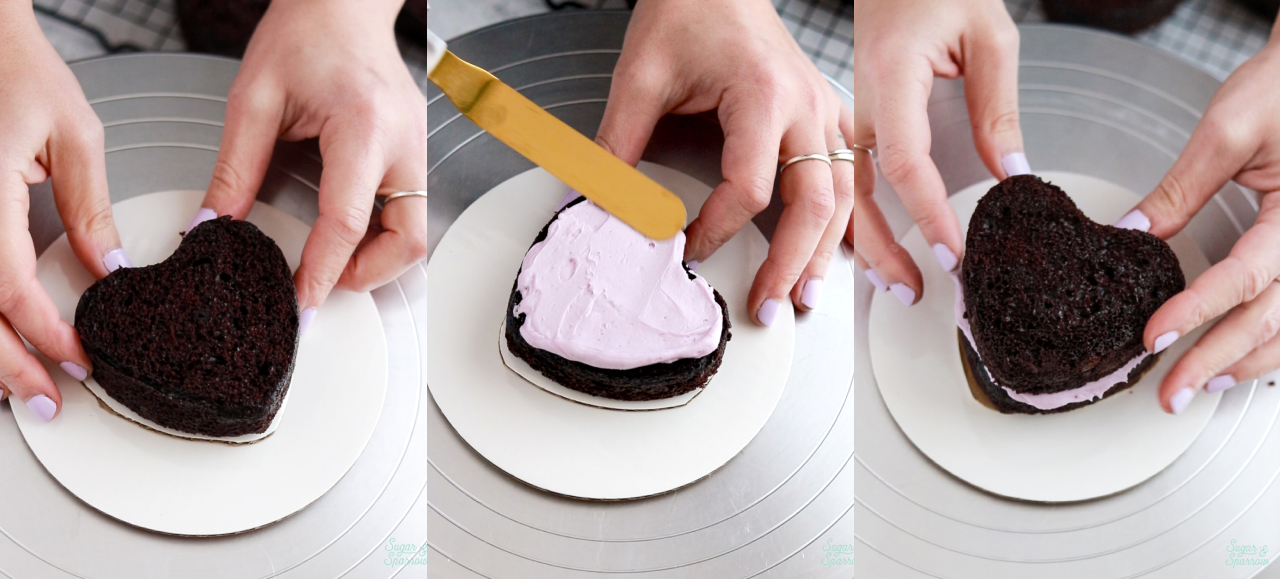 how to fill and stack a heart shaped cake
