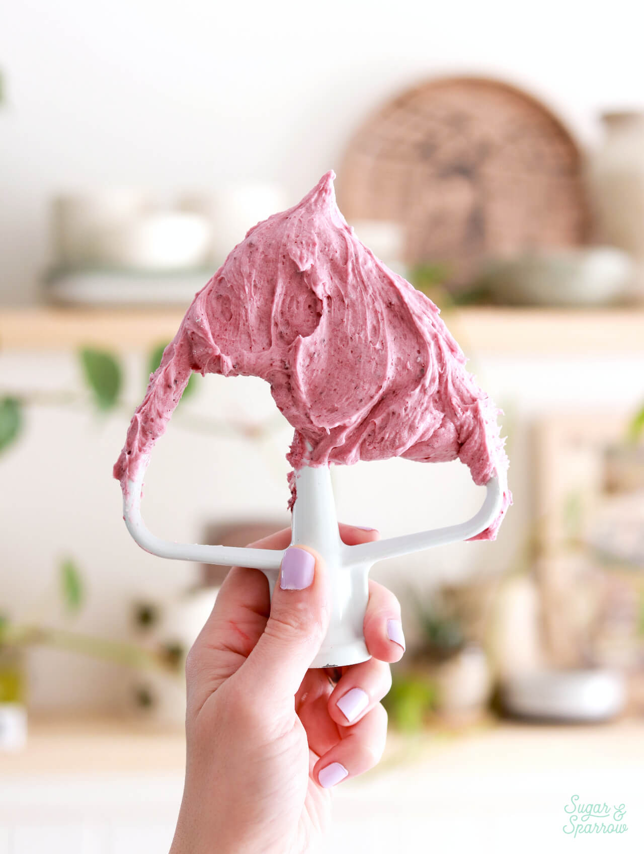 freeze dried cherry buttercream on mixer paddle