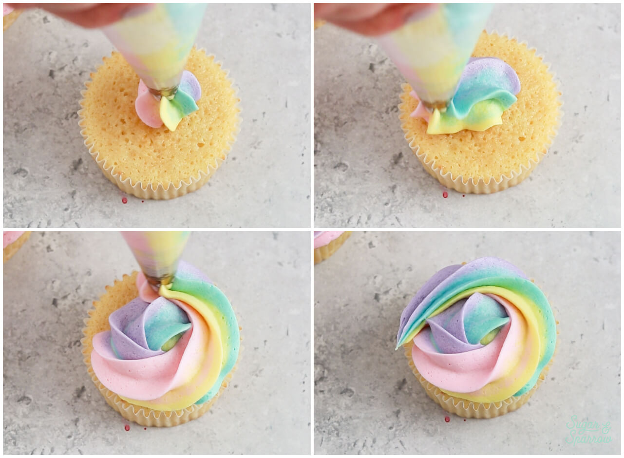 how to pipe a rainbow buttercream swirl on a cupcake
