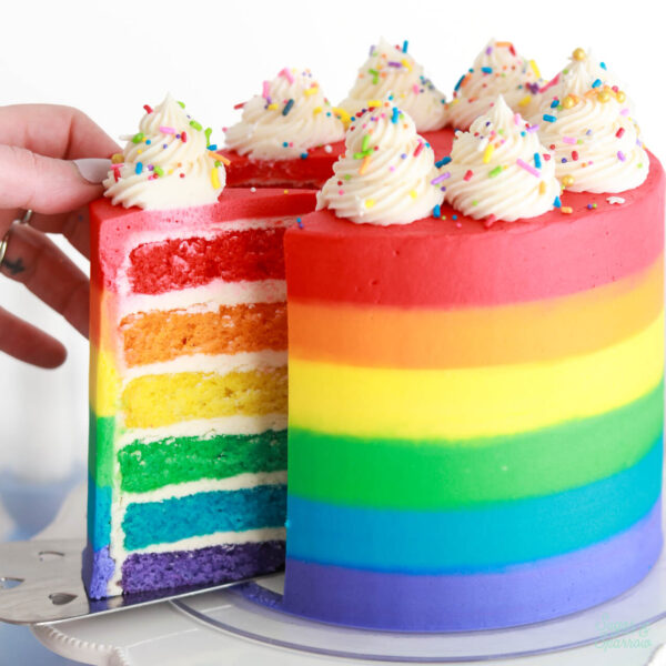 Rainbow layer cake with rainbow frosting