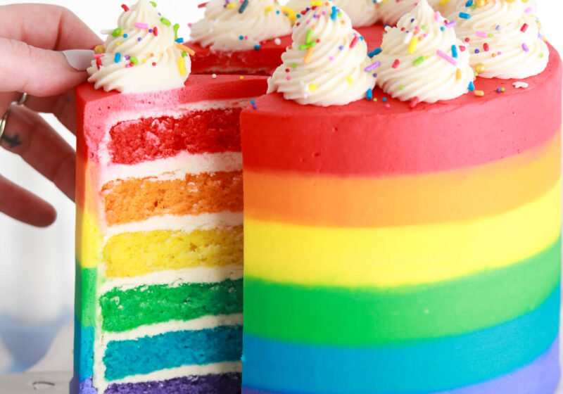 Rainbow layer cake with rainbow frosting