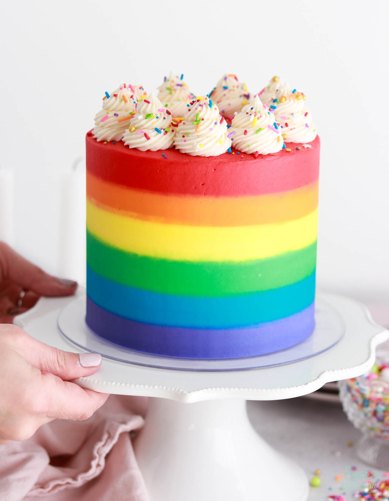 Striped rainbow cake with vanilla buttercream